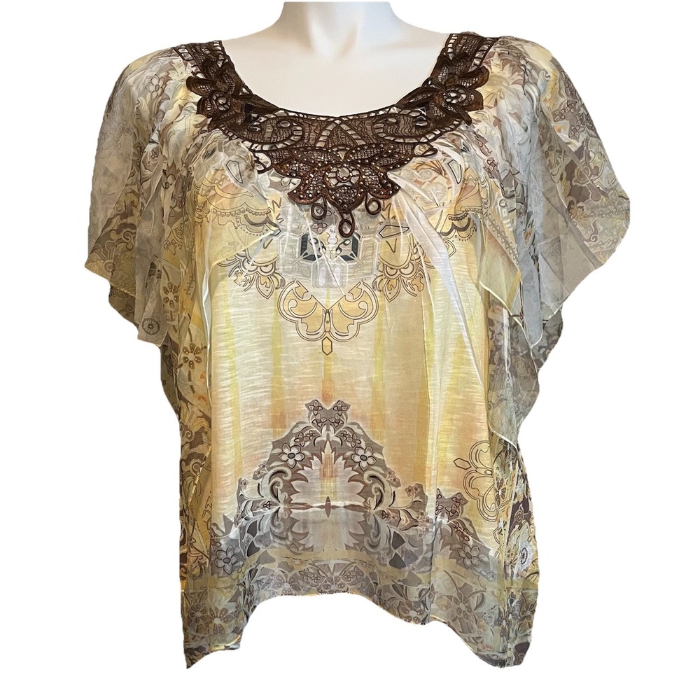 One World Live and Let Live Abstract Boho Artsy Top Women's S Layered‎ Flowy